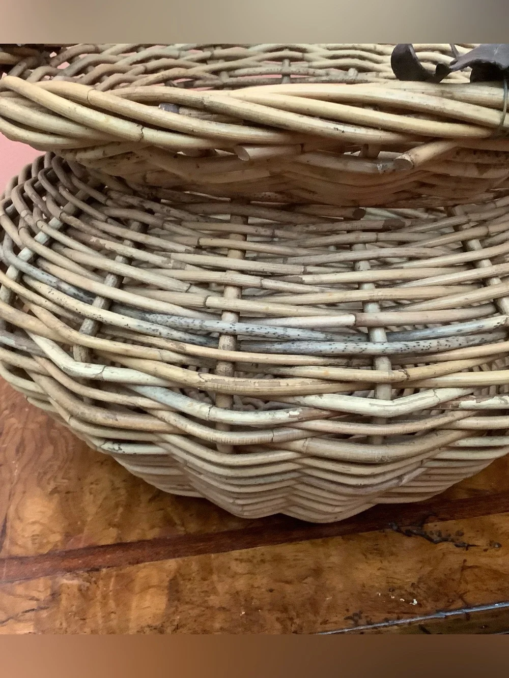 Vintage Handmade Wicker Basket, Wrought Iron Handle, Glass Rings & Oak Leaves